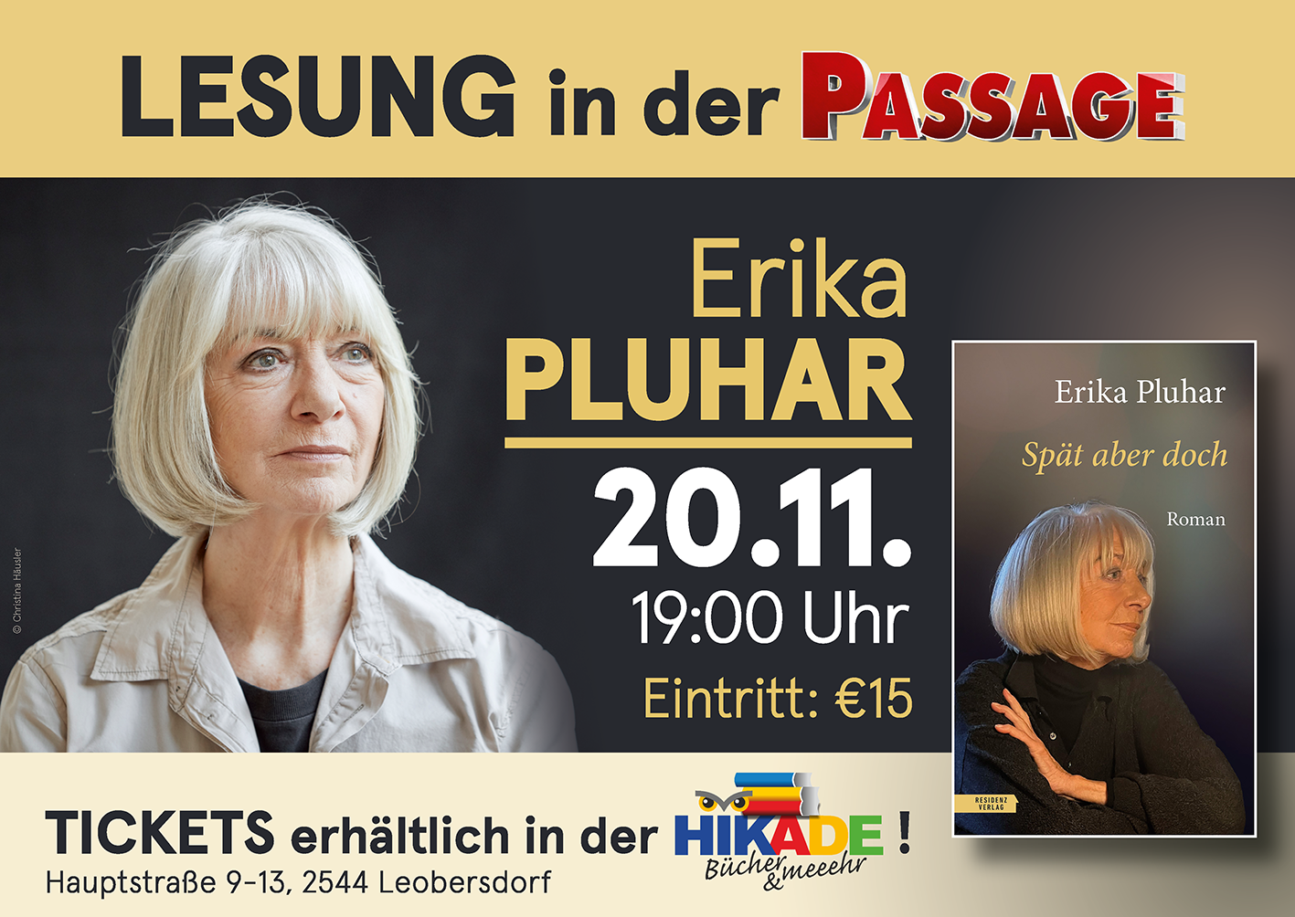 Flyer: Lesung mit ERIKA PLUHAR - "Spät aber doch"