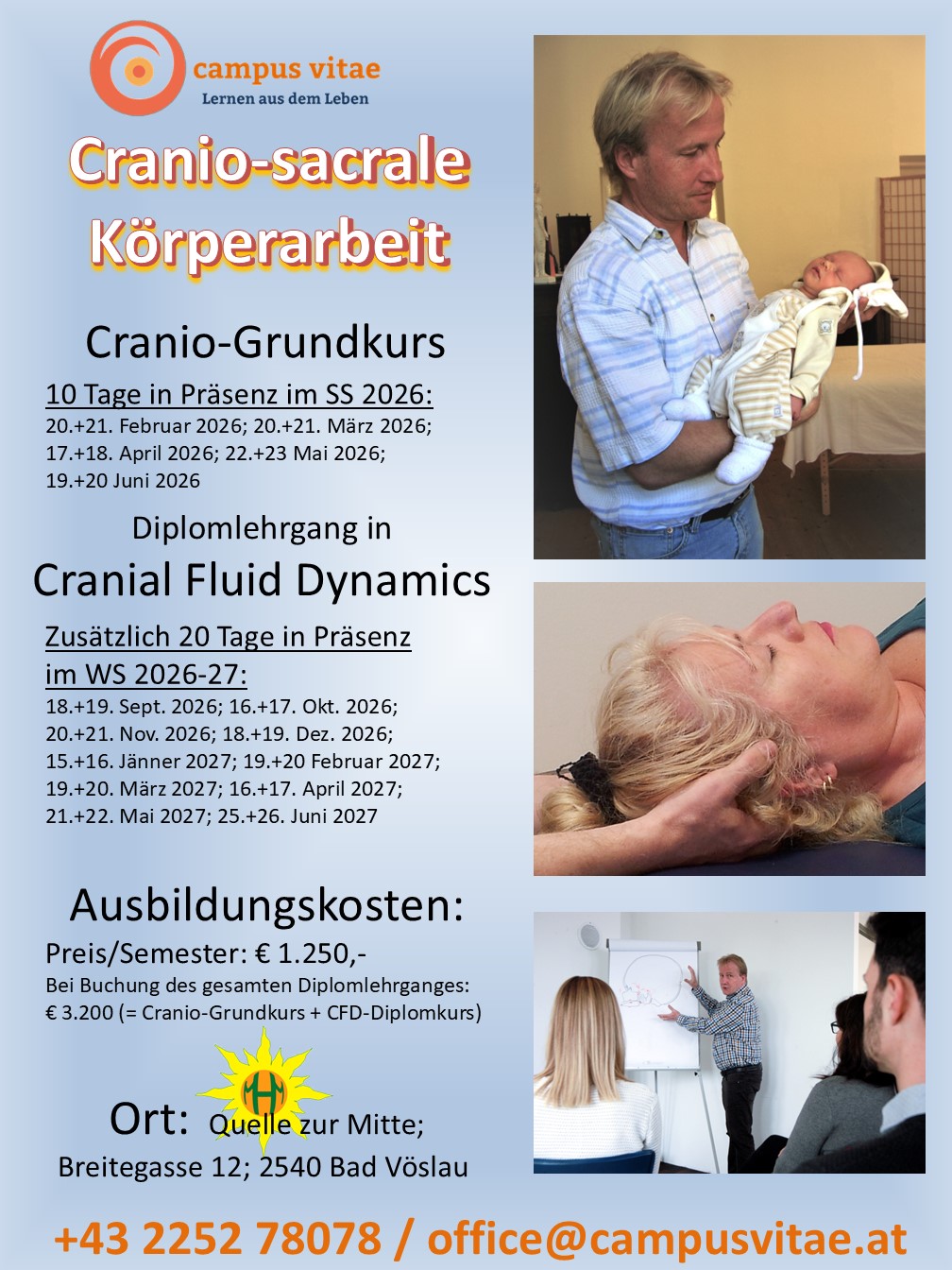 Flyer: Grundlehrgang in Cranio-sacraler Körperarbeit und Diplomlehrgang Cranio Fluid Dynamics